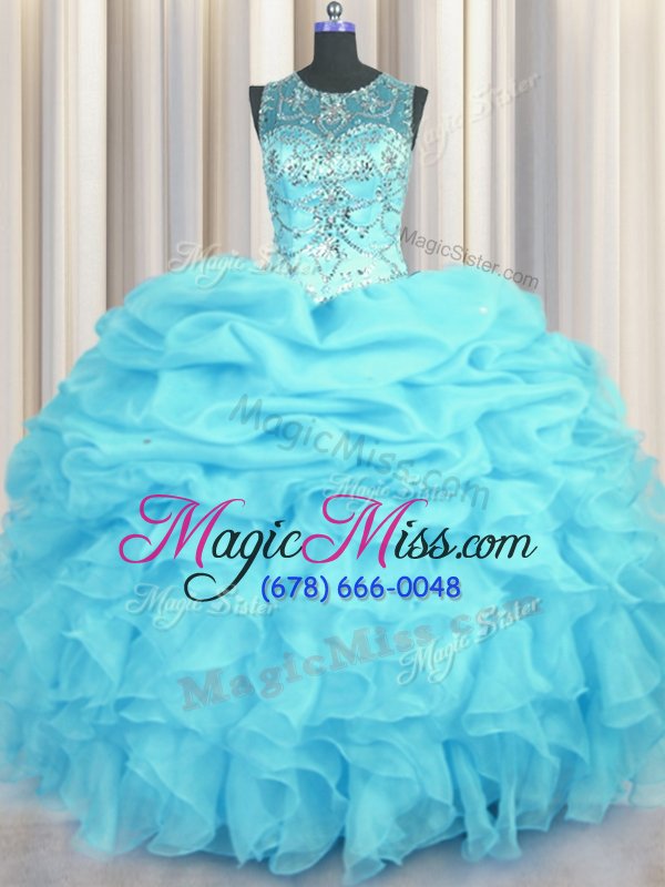 wholesale discount scoop see through beading and ruffles and pick ups 15 quinceanera dress aqua blue lace up sleeveless floor length