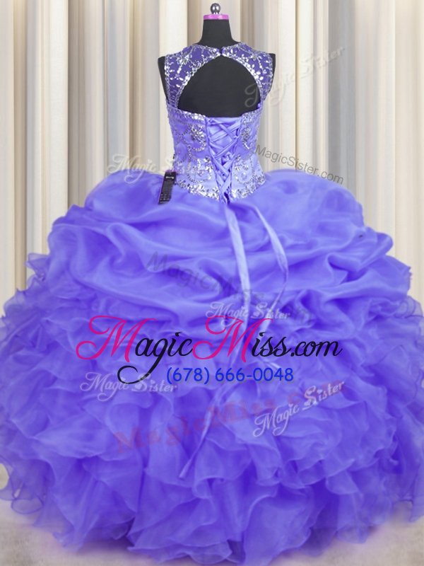 wholesale stunning see through lavender sleeveless floor length beading and ruffles and pick ups lace up vestidos de quinceanera