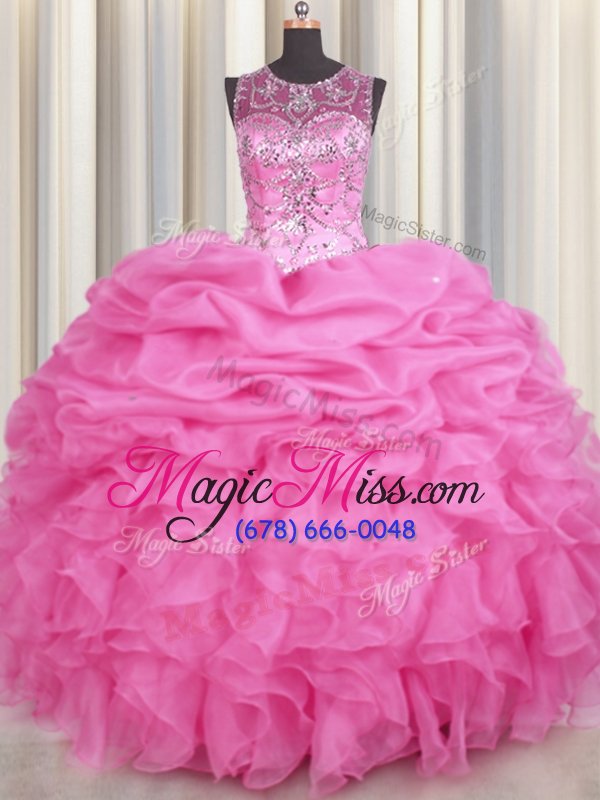 wholesale spectacular scoop see through rose pink ball gowns beading and ruffles and pick ups 15 quinceanera dress lace up organza sleeveless floor length