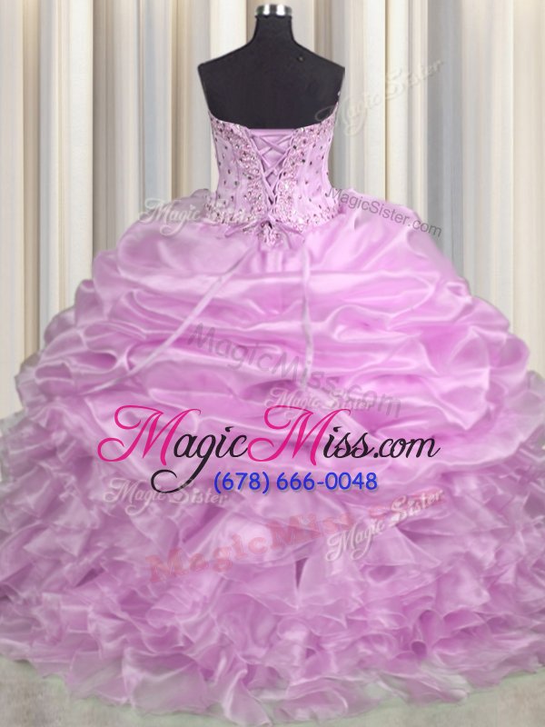wholesale glittering pick ups floor length ball gowns sleeveless lilac quinceanera dress brush train lace up