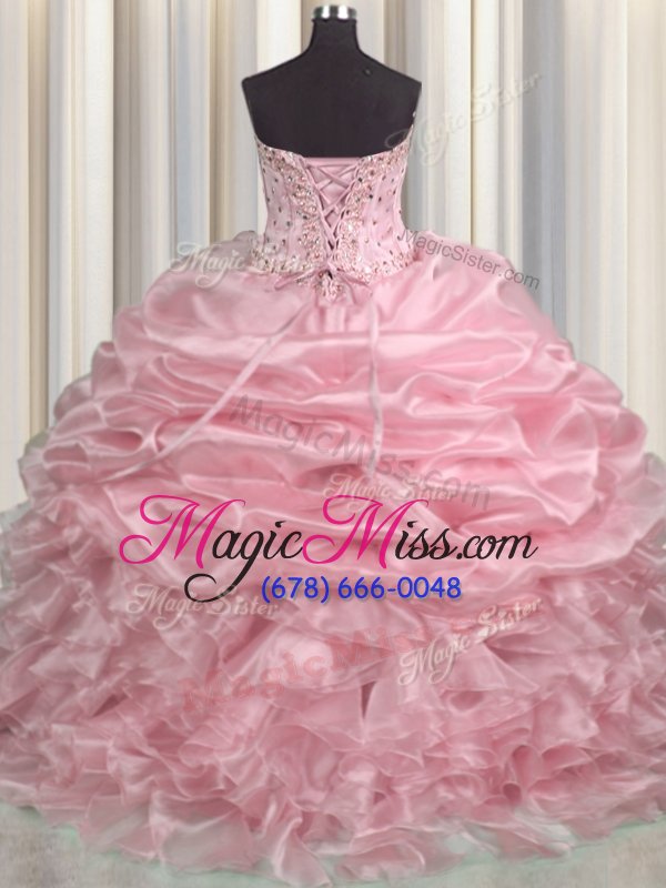wholesale exceptional baby pink sleeveless brush train beading and ruffles and pick ups with train sweet 16 quinceanera dress