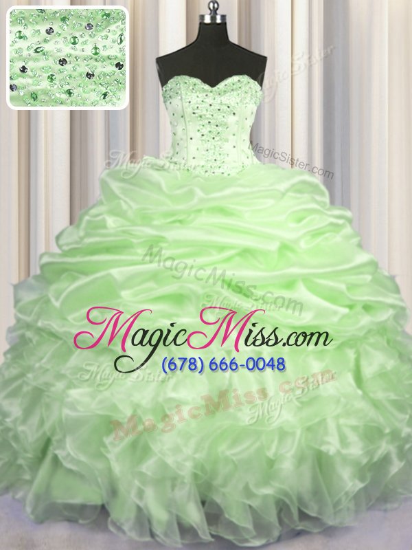 wholesale custom designed pick ups yellow green sleeveless organza brush train lace up sweet 16 dresses for military ball and sweet 16 and quinceanera