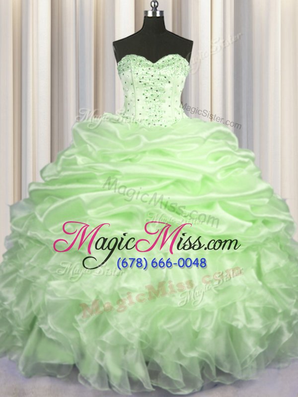 wholesale custom designed pick ups yellow green sleeveless organza brush train lace up sweet 16 dresses for military ball and sweet 16 and quinceanera