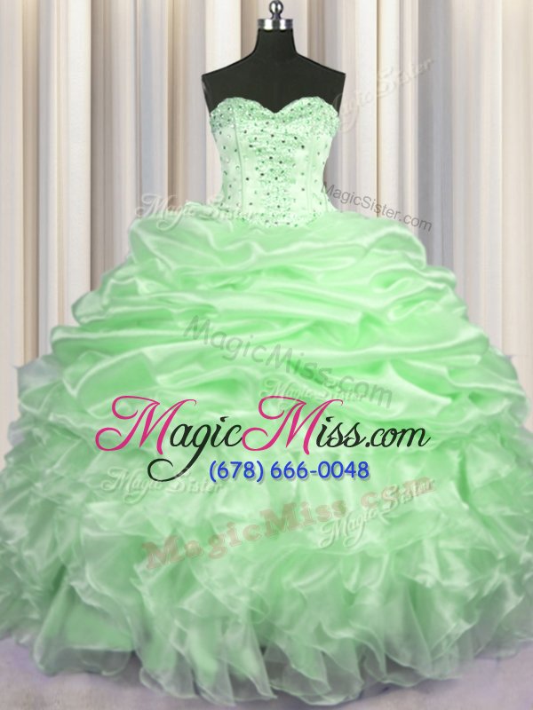 wholesale vintage with train 15 quinceanera dress organza brush train sleeveless beading and ruffles and pick ups