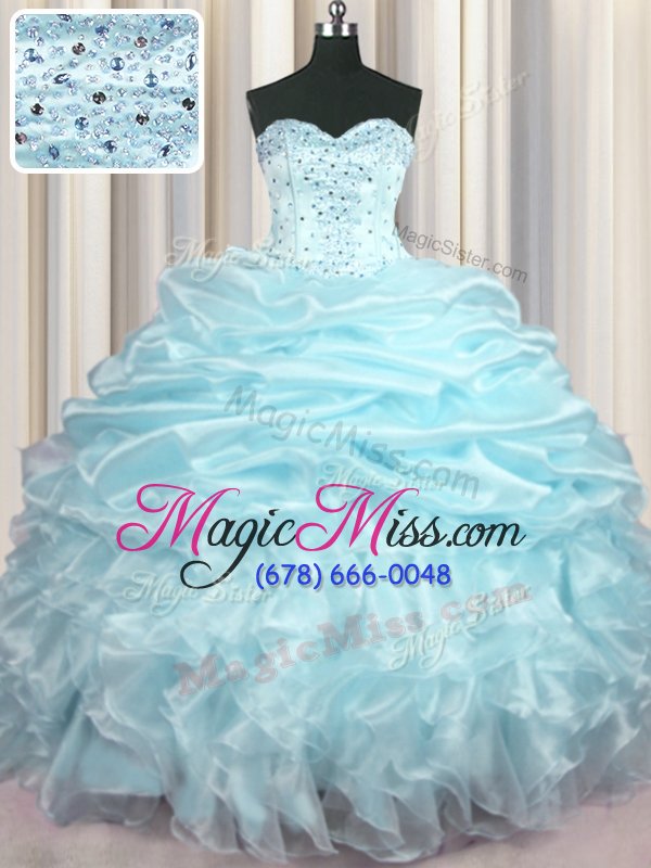 wholesale wonderful beading and ruffles and pick ups quinceanera gown light blue lace up sleeveless with brush train