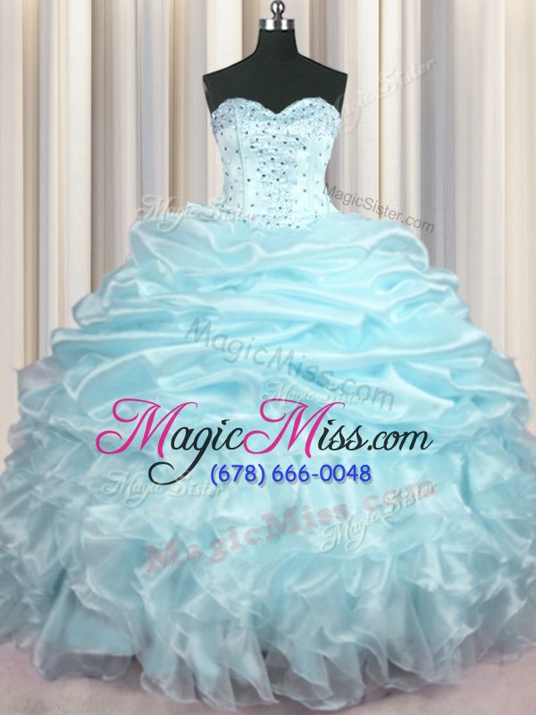 wholesale wonderful beading and ruffles and pick ups quinceanera gown light blue lace up sleeveless with brush train
