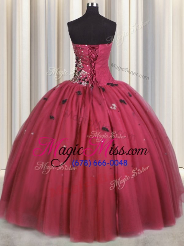 wholesale custom made coral red ball gowns sweetheart sleeveless tulle floor length lace up beading and appliques quince ball gowns
