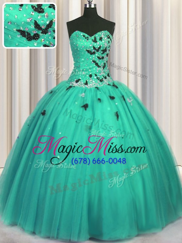 wholesale suitable sleeveless tulle floor length lace up 15th birthday dress in turquoise for with beading and appliques