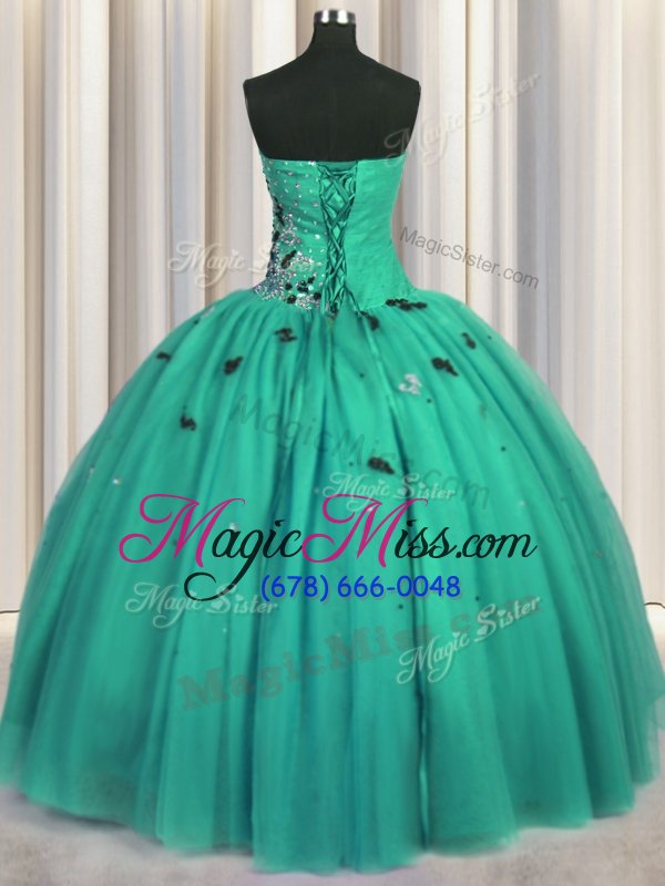 wholesale suitable sleeveless tulle floor length lace up 15th birthday dress in turquoise for with beading and appliques