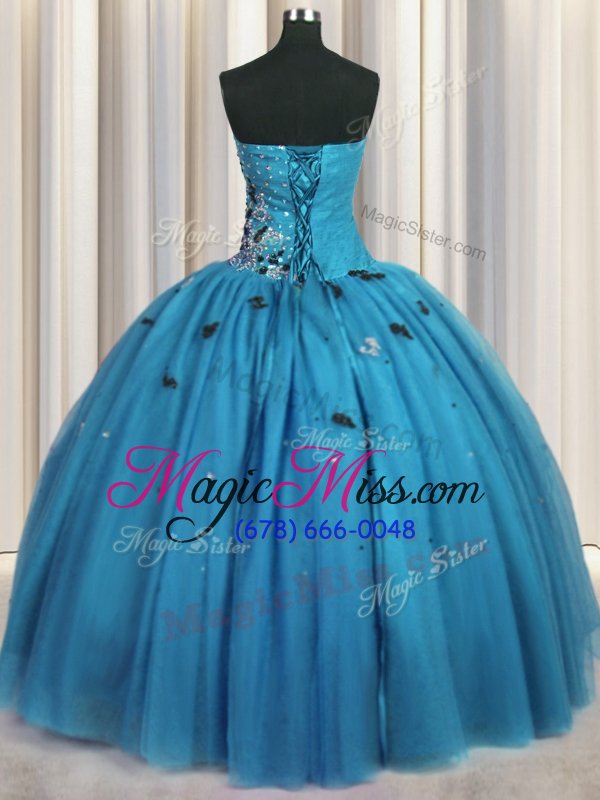 wholesale nice baby blue ball gowns sweetheart sleeveless tulle floor length lace up beading and appliques ball gown prom dress