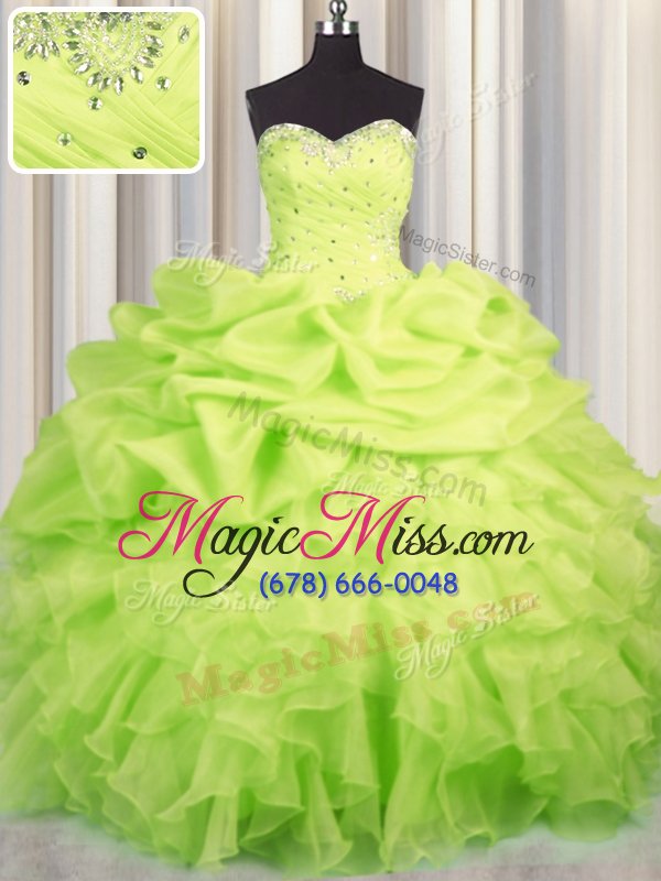 wholesale beautiful yellow green sweetheart neckline beading and ruffles and ruching and pick ups quinceanera gown sleeveless lace up
