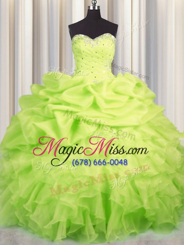 wholesale beautiful yellow green sweetheart neckline beading and ruffles and ruching and pick ups quinceanera gown sleeveless lace up