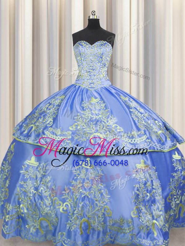 wholesale flare embroidery floor length ball gowns sleeveless blue quinceanera dresses lace up