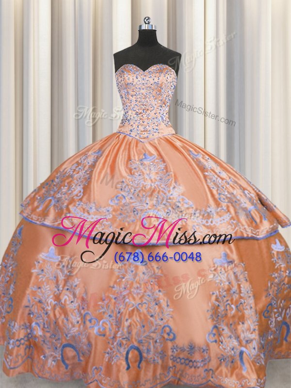 wholesale floor length orange quinceanera gown taffeta sleeveless beading and embroidery