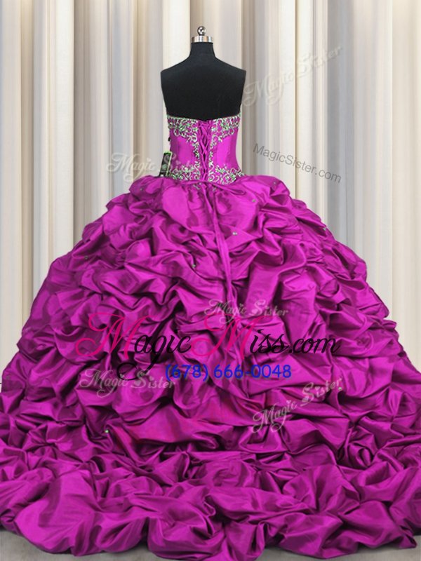 wholesale fashionable brush train sleeveless lace up floor length beading and embroidery and ruffled layers and pick ups quinceanera dress