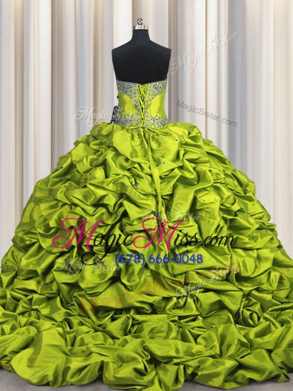 wholesale brush train yellow green quinceanera gowns military ball and sweet 16 and quinceanera and for with beading and embroidery and ruffled layers and pick ups sweetheart sleeveless lace up