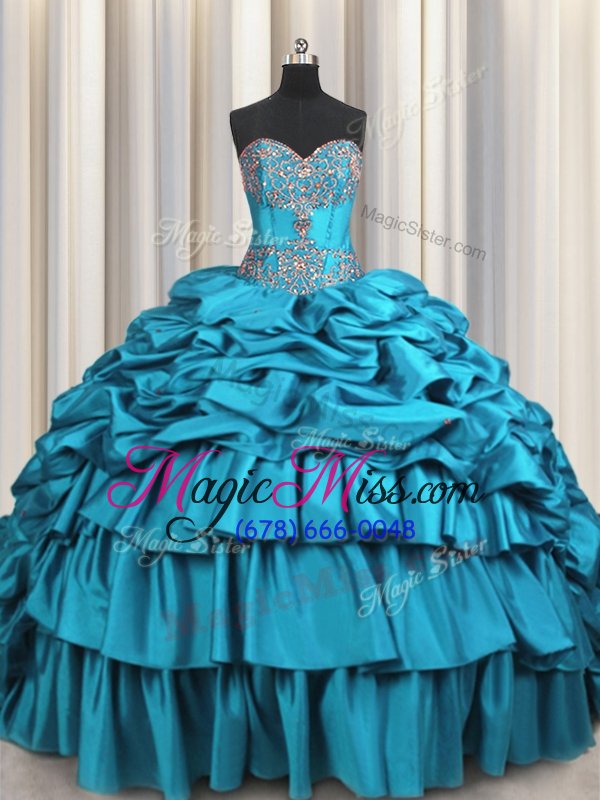 wholesale clearance pick ups embroidery sweetheart sleeveless brush train lace up quinceanera gowns teal taffeta