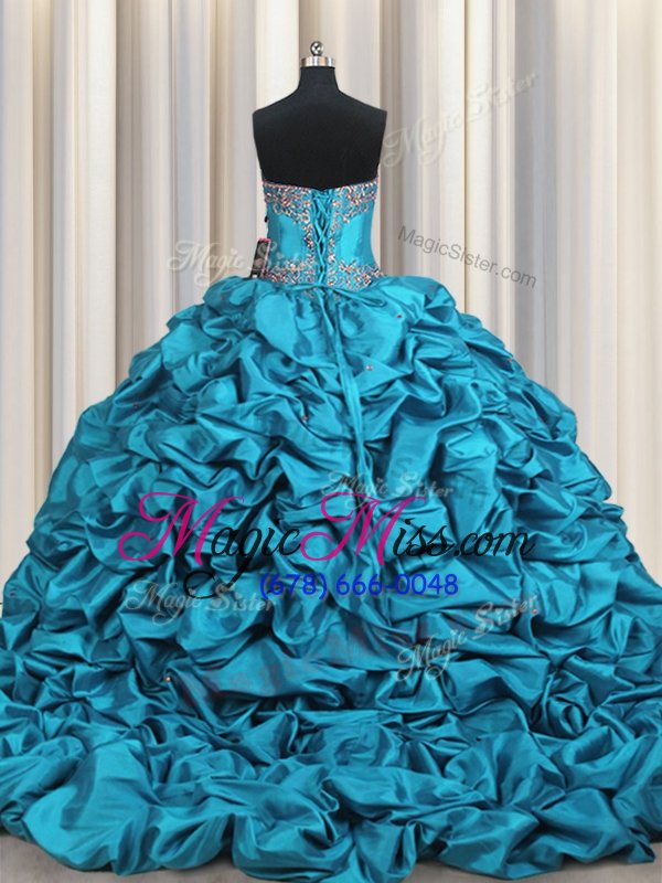 wholesale clearance pick ups embroidery sweetheart sleeveless brush train lace up quinceanera gowns teal taffeta