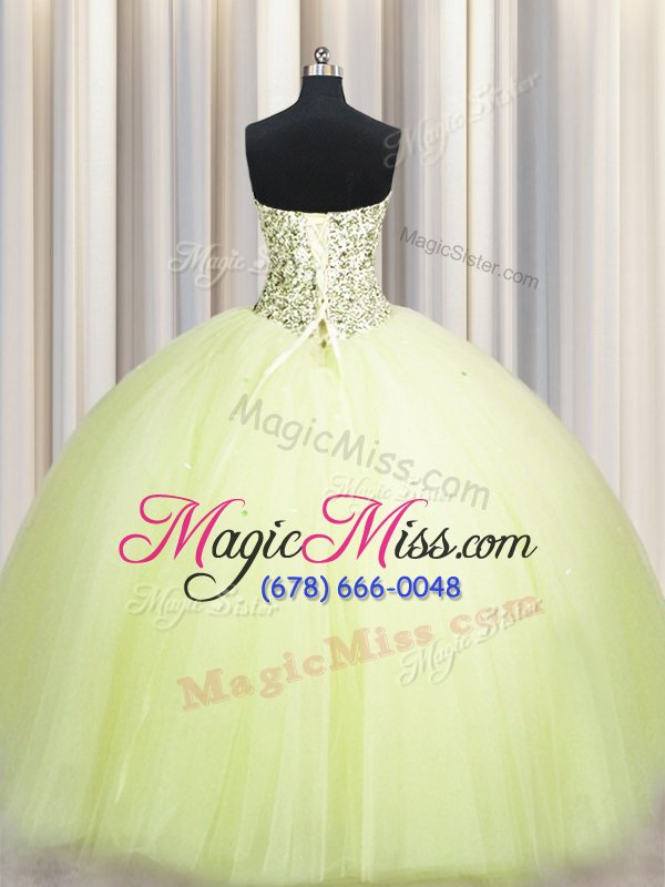 wholesale noble big puffy light yellow lace up sweet 16 dresses beading and sequins sleeveless floor length