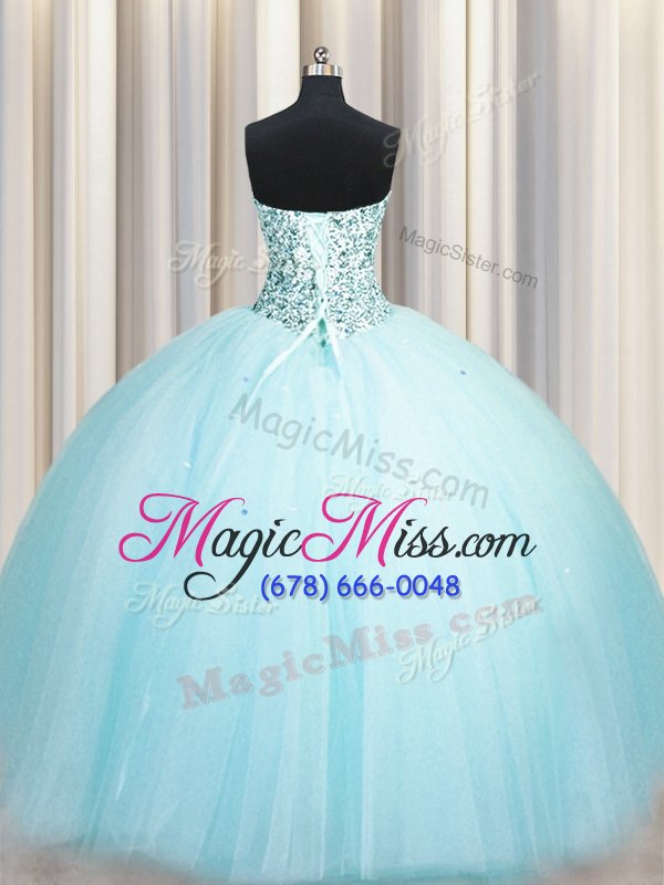 wholesale stunning sequins really puffy floor length aqua blue 15 quinceanera dress strapless sleeveless lace up