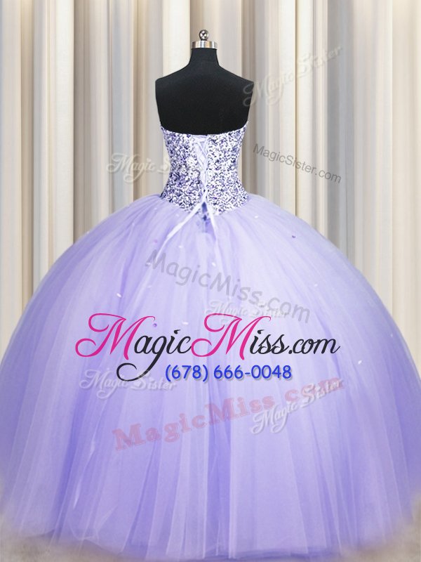 wholesale fashionable puffy skirt strapless sleeveless 15 quinceanera dress floor length beading and sequins lavender tulle