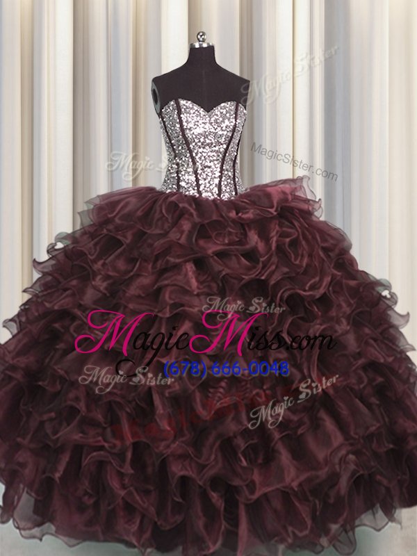 wholesale decent visible boning brown ball gowns sweetheart sleeveless organza and sequined floor length lace up ruffles and sequins vestidos de quinceanera
