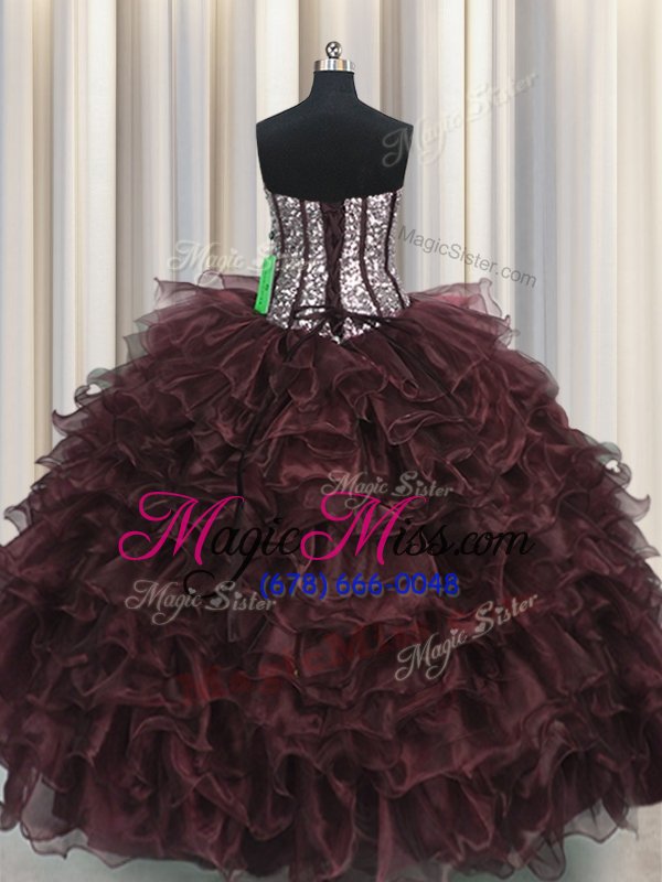 wholesale decent visible boning brown ball gowns sweetheart sleeveless organza and sequined floor length lace up ruffles and sequins vestidos de quinceanera