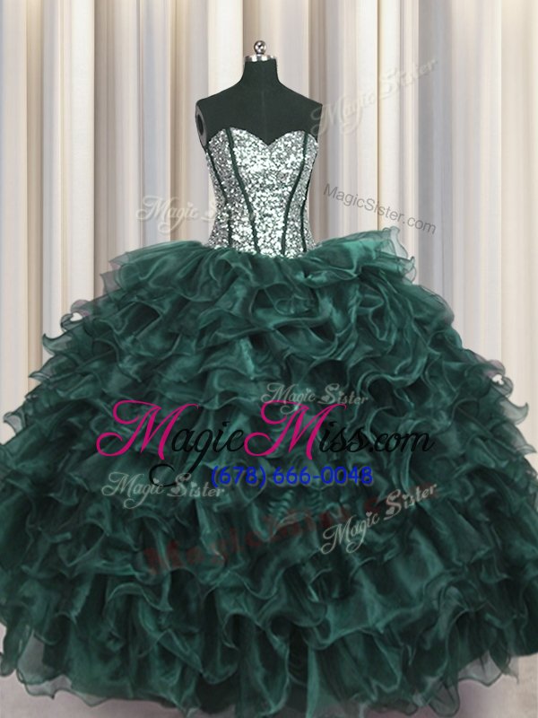 wholesale high quality visible boning sweetheart sleeveless quinceanera dress floor length ruffles and sequins peacock green organza and sequined
