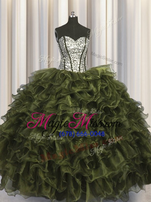 wholesale hot selling sequins visible boning floor length olive green sweet 16 dress sweetheart sleeveless lace up