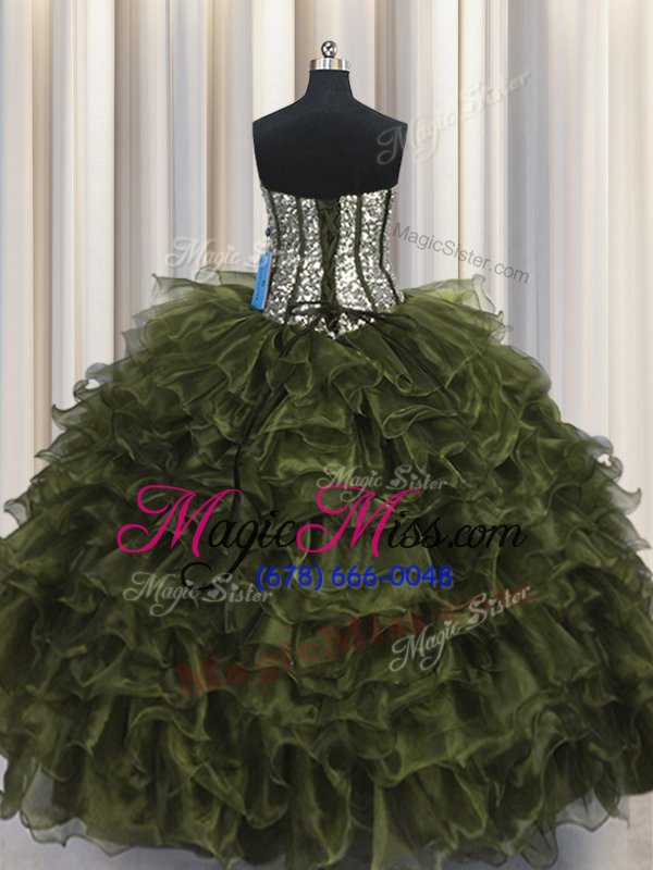 wholesale hot selling sequins visible boning floor length olive green sweet 16 dress sweetheart sleeveless lace up