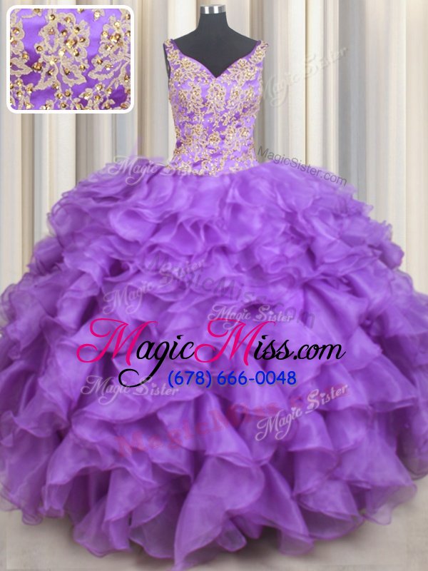 wholesale nice lavender organza lace up sweetheart sleeveless floor length 15 quinceanera dress beading and appliques and ruffles