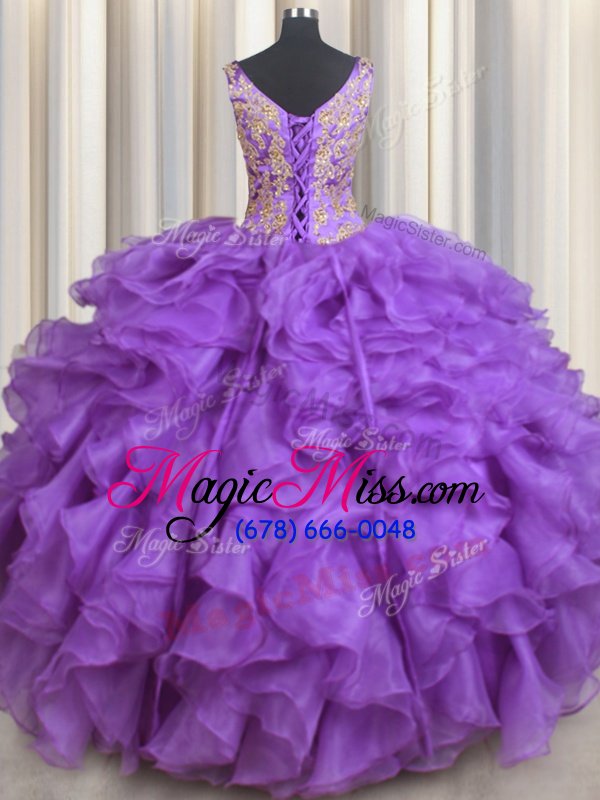 wholesale nice lavender organza lace up sweetheart sleeveless floor length 15 quinceanera dress beading and appliques and ruffles