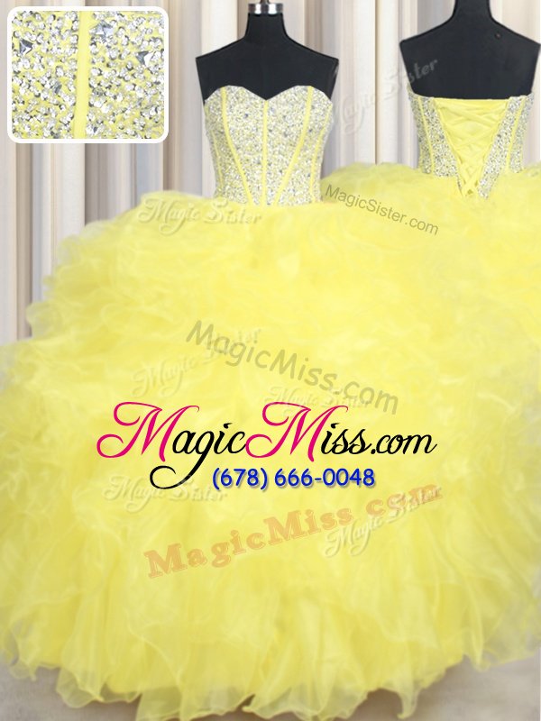 wholesale best selling three piece organza sweetheart sleeveless lace up beading and ruffles quinceanera gowns in yellow