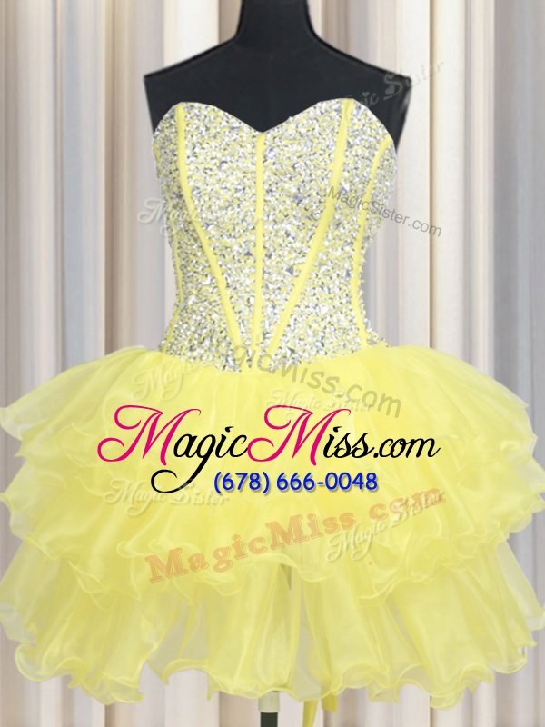 wholesale best selling three piece organza sweetheart sleeveless lace up beading and ruffles quinceanera gowns in yellow