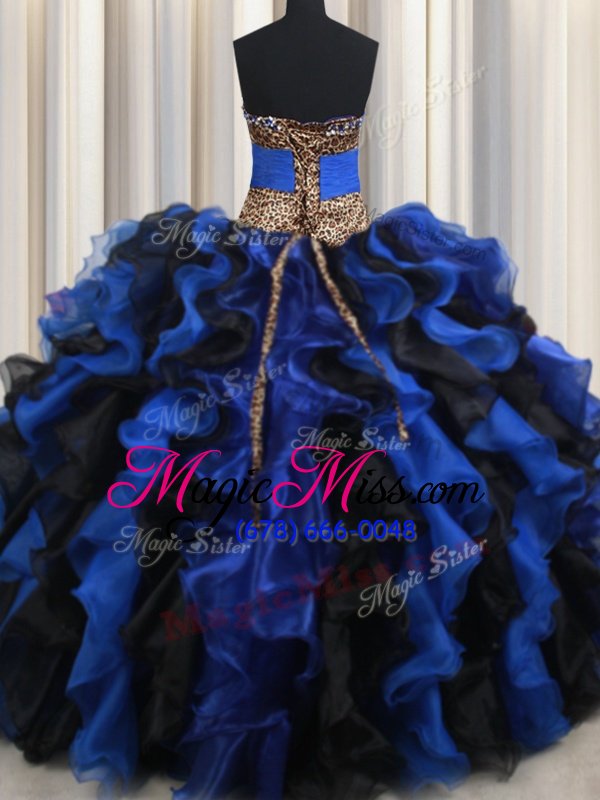 wholesale adorable blue and black ball gowns strapless sleeveless organza floor length lace up beading and ruffles sweet 16 quinceanera dress