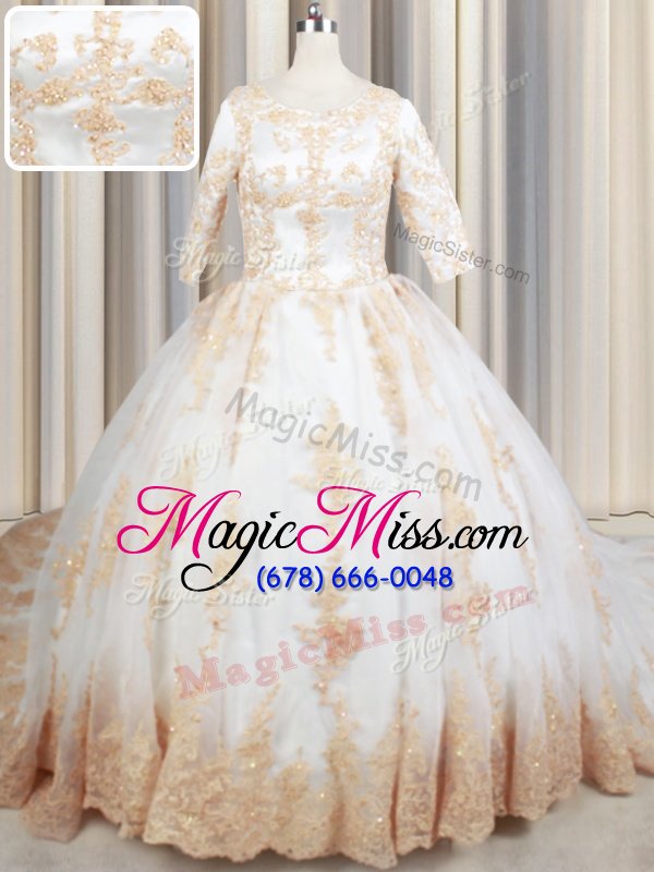 wholesale scoop white zipper sweet 16 dress beading and lace and appliques half sleeves court train