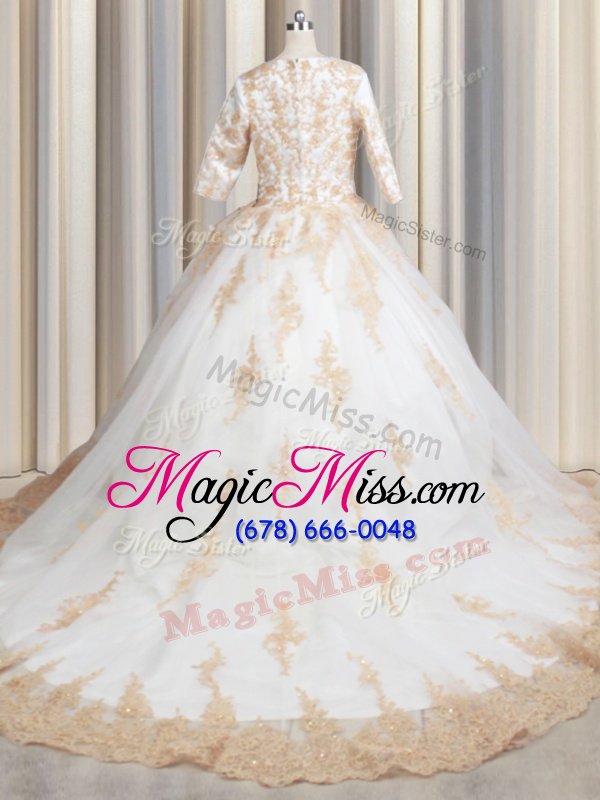 wholesale scoop white zipper sweet 16 dress beading and lace and appliques half sleeves court train