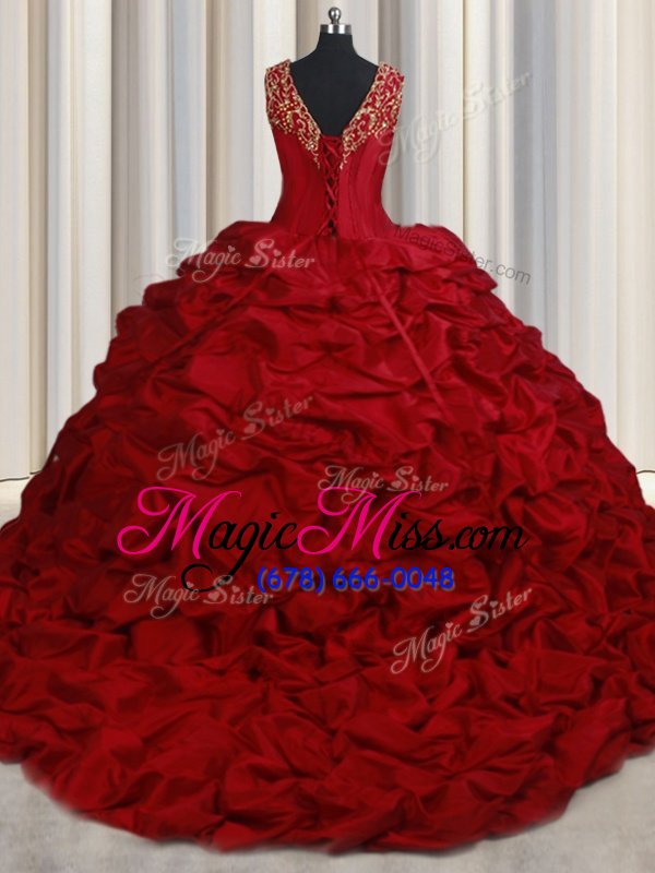 wholesale exquisite sleeveless taffeta sweep train lace up quinceanera dresses in red for with beading and appliques and pick ups