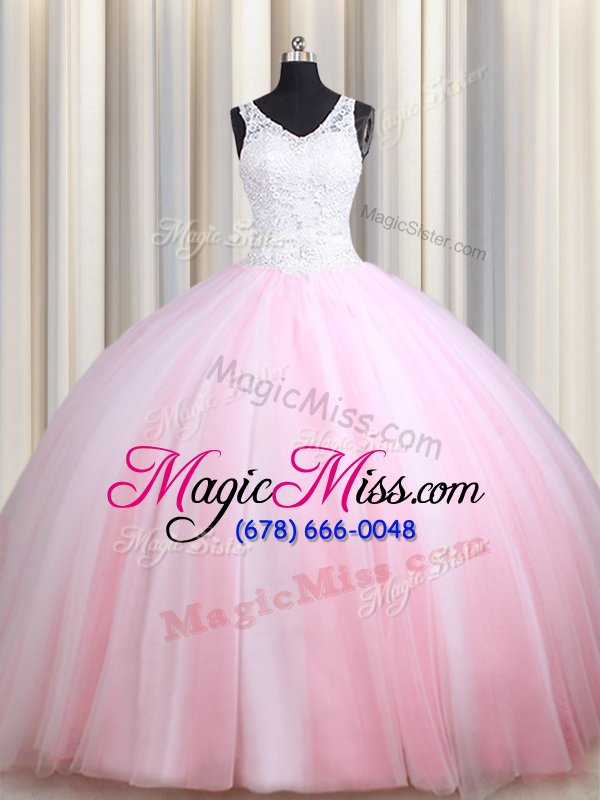 wholesale modern pink and white ball gowns tulle straps sleeveless lace floor length zipper sweet 16 dress