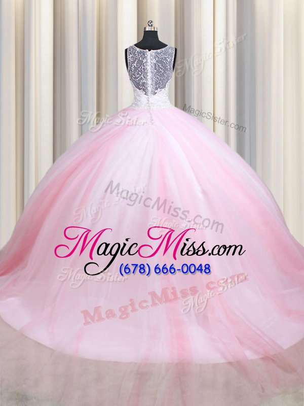 wholesale modern pink and white ball gowns tulle straps sleeveless lace floor length zipper sweet 16 dress