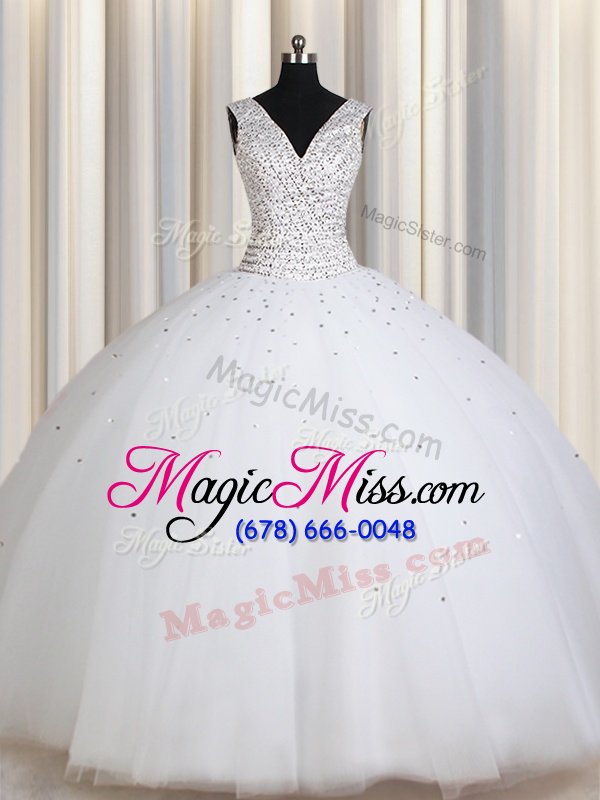 wholesale suitable white tulle zipper straps sleeveless floor length sweet 16 quinceanera dress beading and sequins