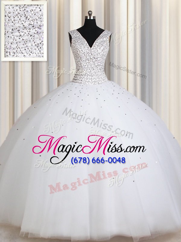 wholesale suitable white tulle zipper straps sleeveless floor length sweet 16 quinceanera dress beading and sequins