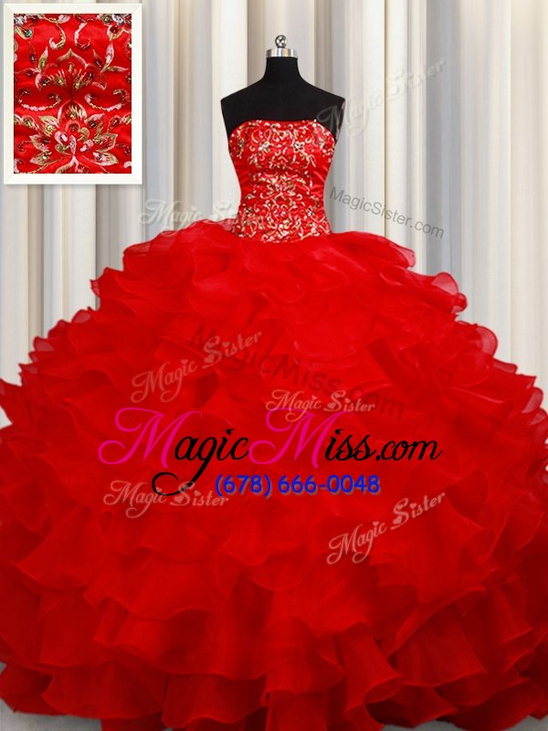 wholesale charming strapless sleeveless quinceanera gown floor length beading and embroidery and ruffles red organza