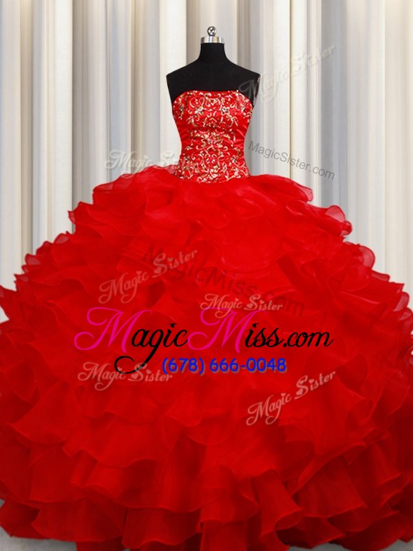 wholesale charming strapless sleeveless quinceanera gown floor length beading and embroidery and ruffles red organza