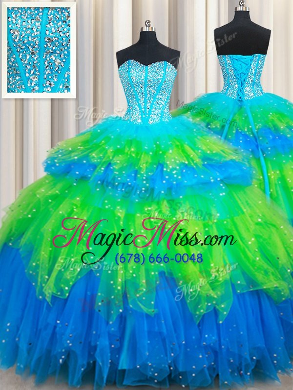 wholesale customized three piece multi-color ball gowns tulle sweetheart sleeveless beading and ruffled layers floor length lace up sweet 16 dresses