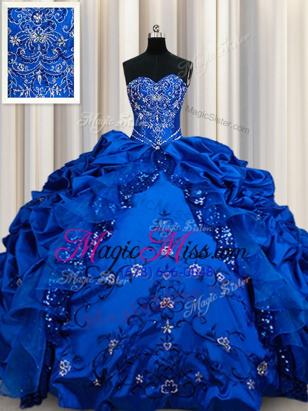 wholesale extravagant sequins pick ups sweetheart sleeveless lace up vestidos de quinceanera royal blue taffeta