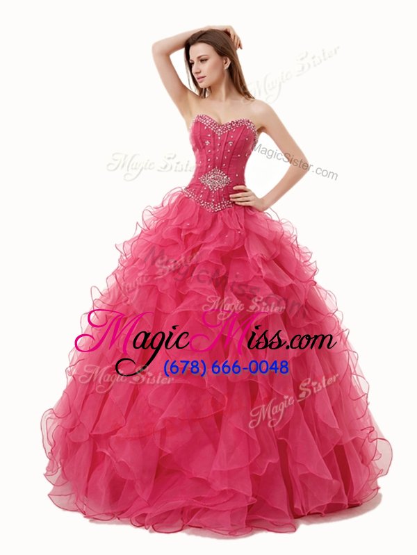wholesale delicate coral red sleeveless organza lace up ball gown prom dress for military ball and sweet 16 and quinceanera