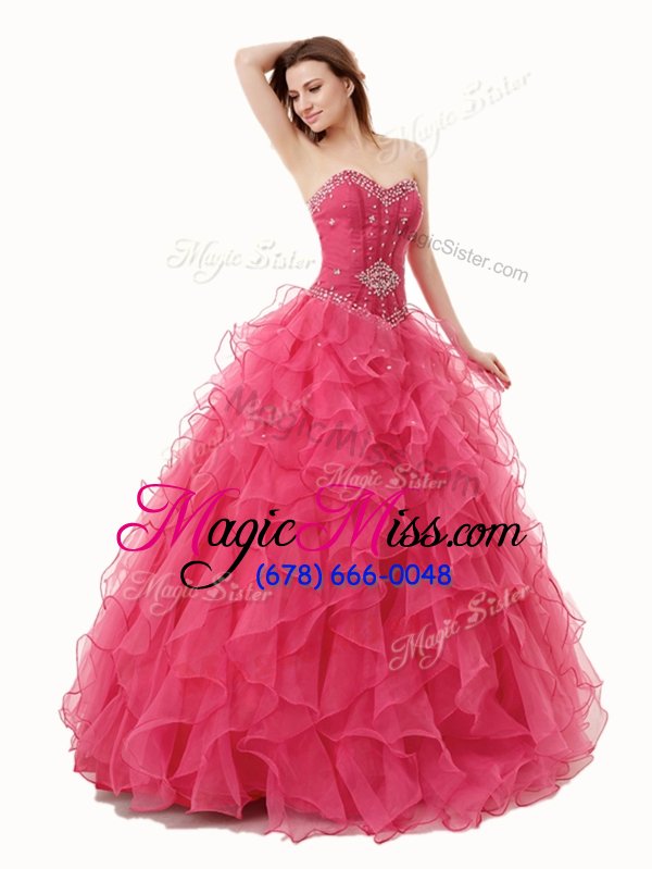 wholesale delicate coral red sleeveless organza lace up ball gown prom dress for military ball and sweet 16 and quinceanera