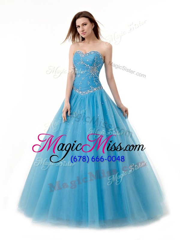 wholesale fine baby blue a-line beading and ruching quinceanera dress lace up tulle sleeveless floor length