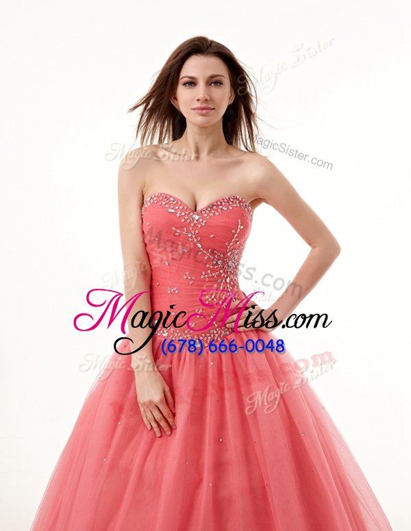 wholesale watermelon red sleeveless floor length beading and ruching lace up ball gown prom dress